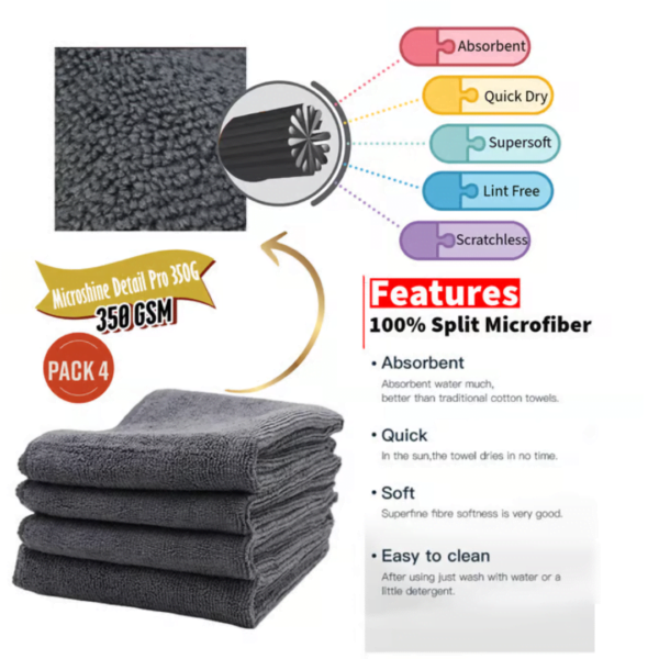 Microshine DetailPro 350G: Microfiber Car Cleaning Cloth, Car & Bike Washing Cloth for Automobiles(Grey, pack of 4) - Image 4